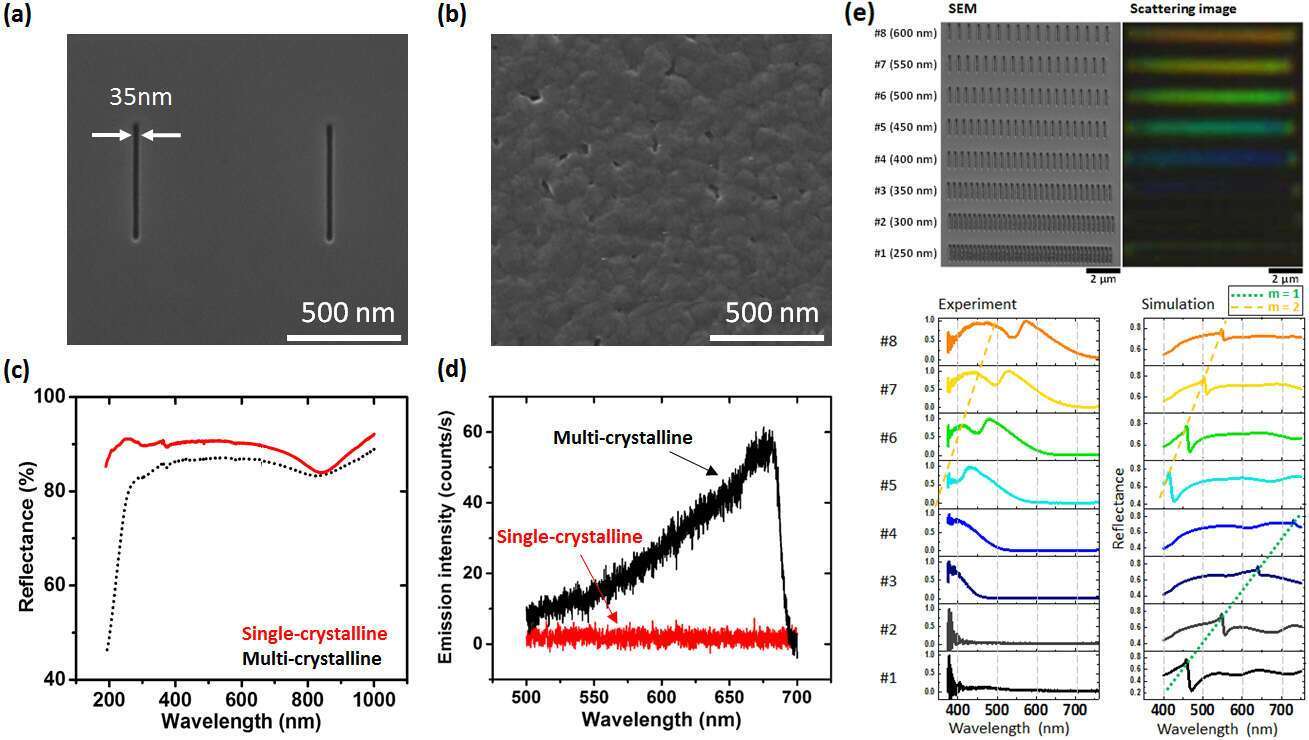 Figure 1. SEM image of the single-crystalline (a) and multi-crystalline aluminum film (b). Scale bar: 500 nm. Reflectance (c) and TPPL (d) of the single-crystalline (red solid line) and multi-crystalline (black dotted line) aluminum film are compared. 